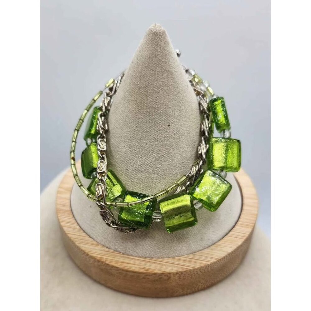 Triple Strand Green Square Bead & Chain Bracelet